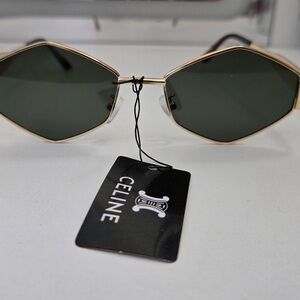 Hexagonal Gold Celine Frame Sunglasses with Dark Green Lenses